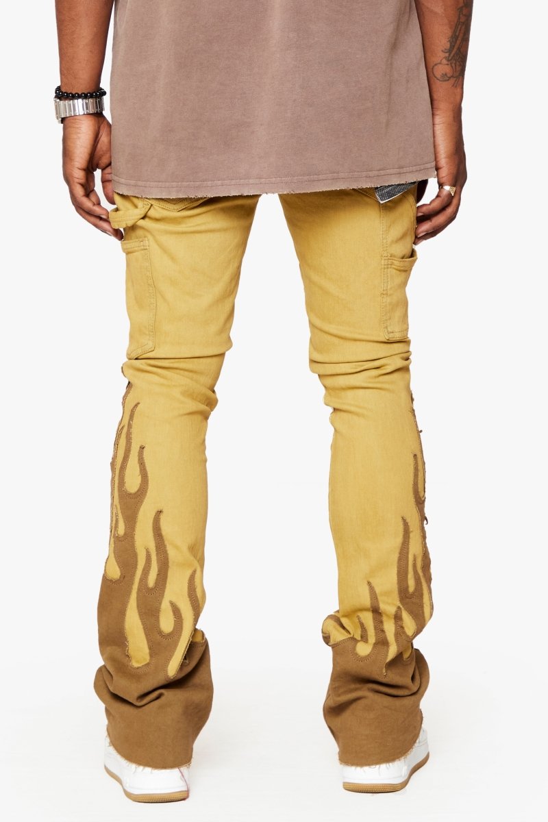 "FLAME” STACKED FLARE JEAN KHAKI BLUE