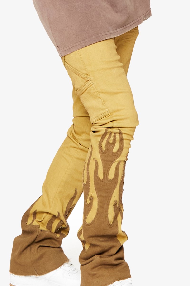 "FLAME” STACKED FLARE JEAN KHAKI BLUE