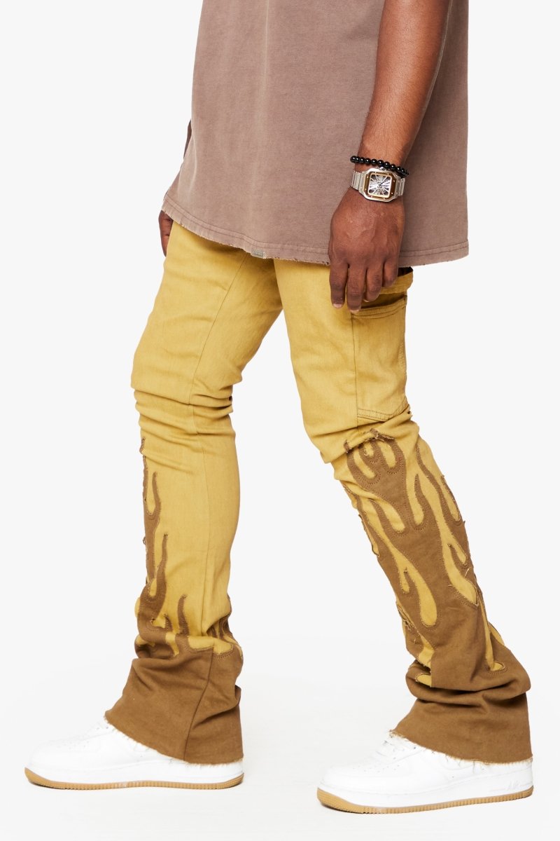 "FLAME” STACKED FLARE JEAN KHAKI BLUE