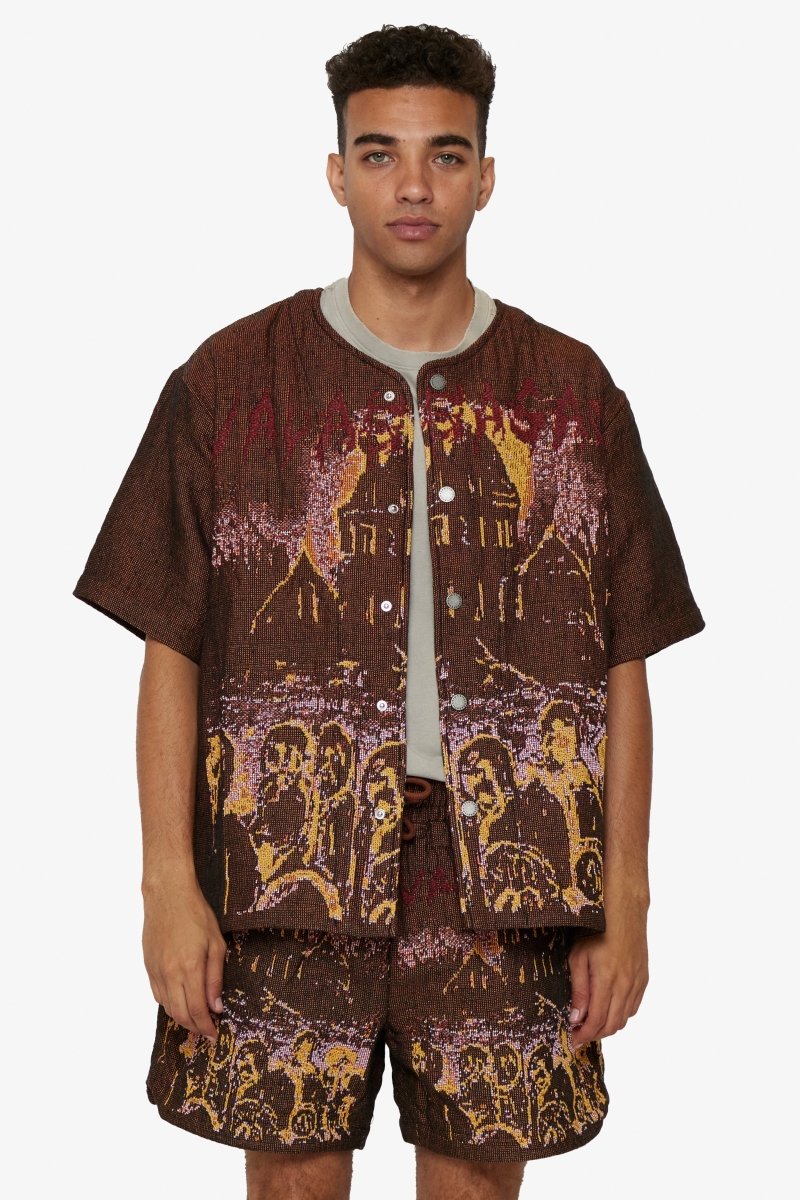 "GHOST HANDS" TAPESTRY BUTTON UP BROWN