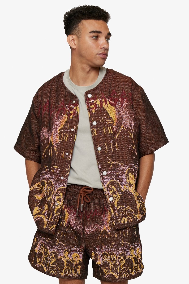 "GHOST HANDS" TAPESTRY BUTTON UP BROWN