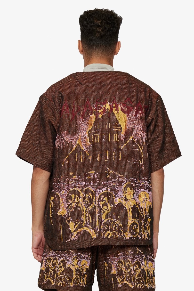 "GHOST HANDS" TAPESTRY BUTTON UP BROWN