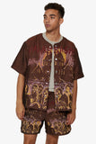"GHOST HANDS" TAPESTRY BUTTON UP BROWN