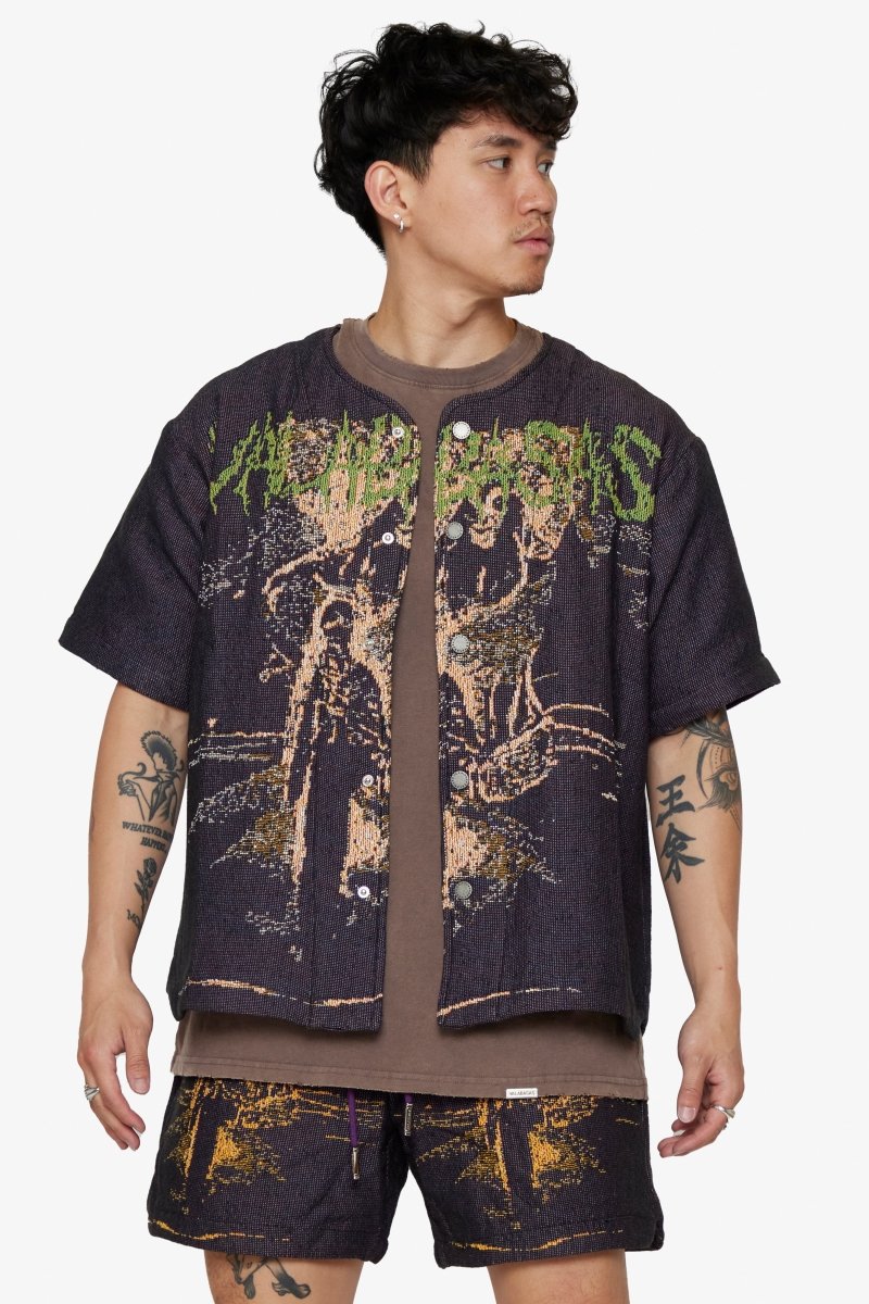 "GHOST HANDS" TAPESTRY BUTTON UP PURPLE