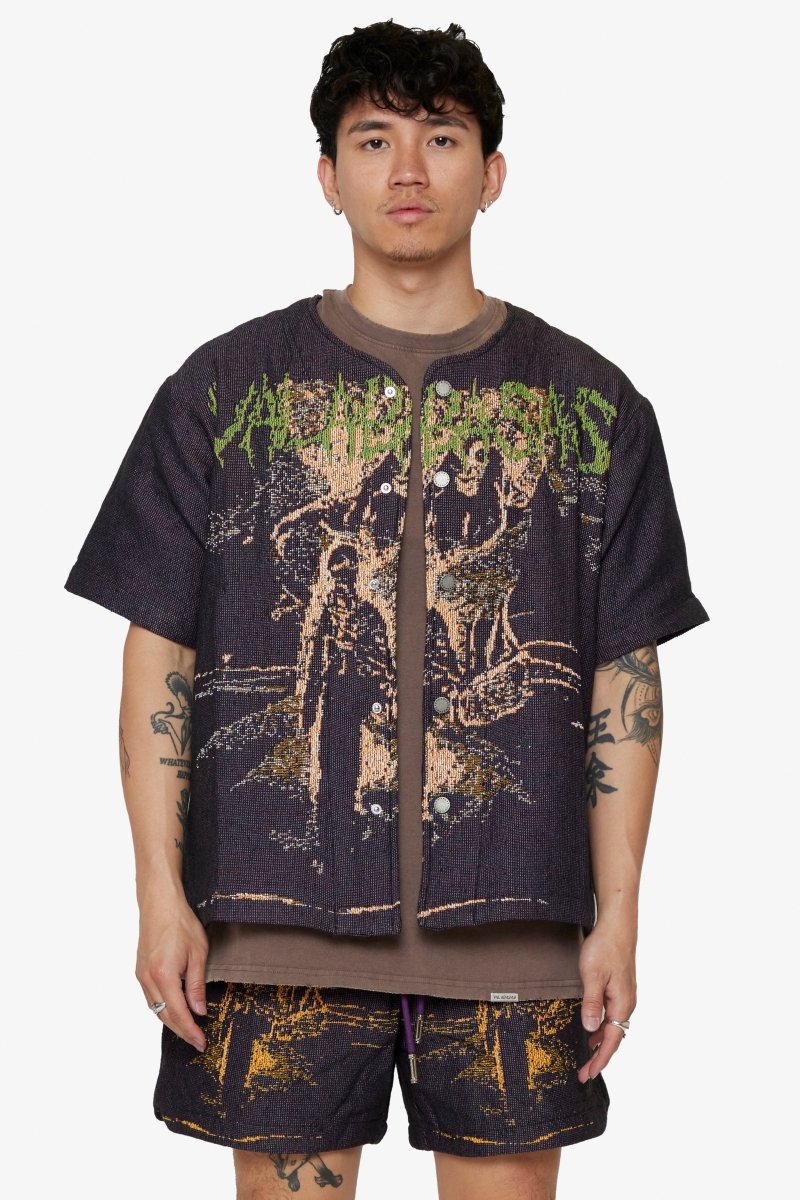 "GHOST HANDS" TAPESTRY BUTTON UP PURPLE
