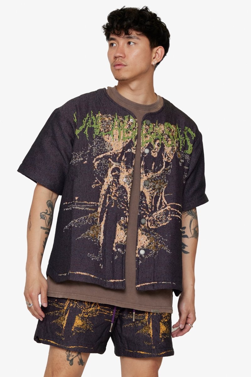 "GHOST HANDS" TAPESTRY BUTTON UP PURPLE