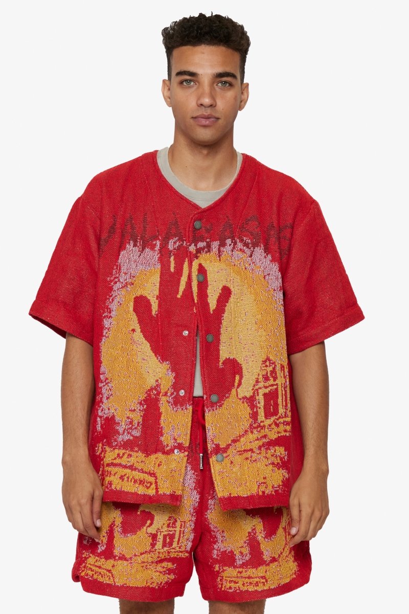 "GHOST HANDS" TAPESTRY BUTTON UP RED