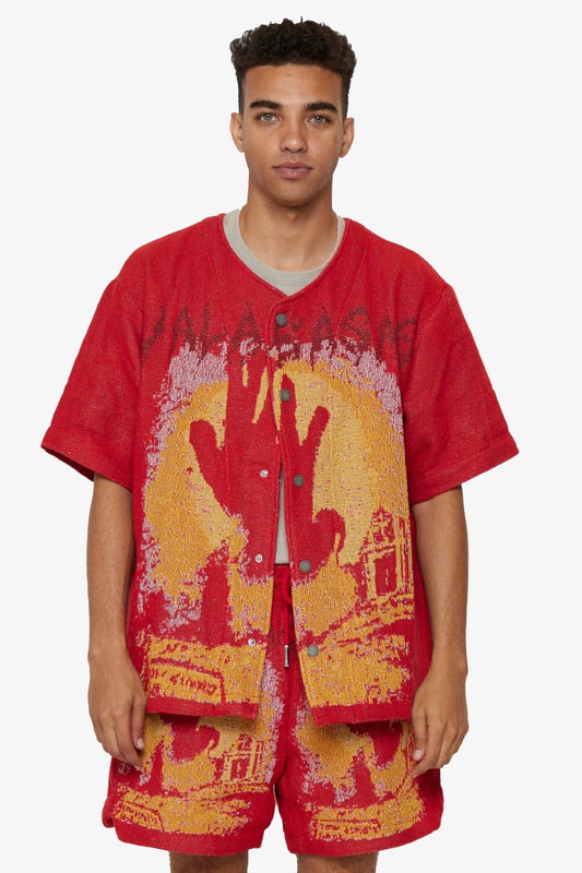 "GHOST HANDS" TAPESTRY BUTTON UP RED