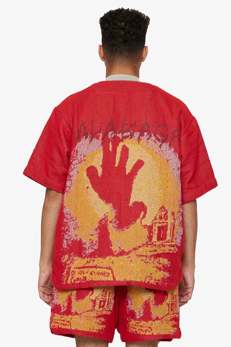 "GHOST HANDS" TAPESTRY BUTTON UP RED