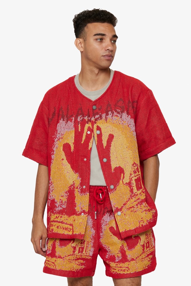 "GHOST HANDS" TAPESTRY BUTTON UP RED