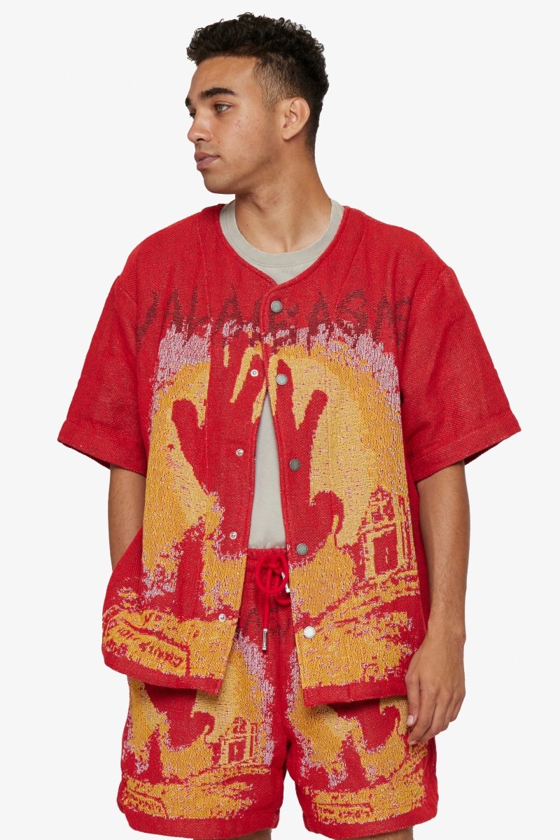 "GHOST HANDS" TAPESTRY BUTTON UP RED