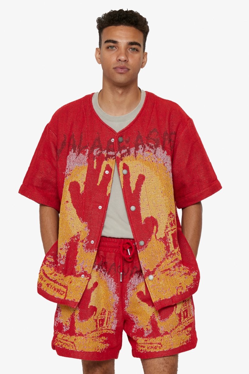 "GHOST HANDS" TAPESTRY BUTTON UP RED