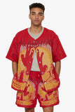 "GHOST HANDS" TAPESTRY BUTTON UP RED
