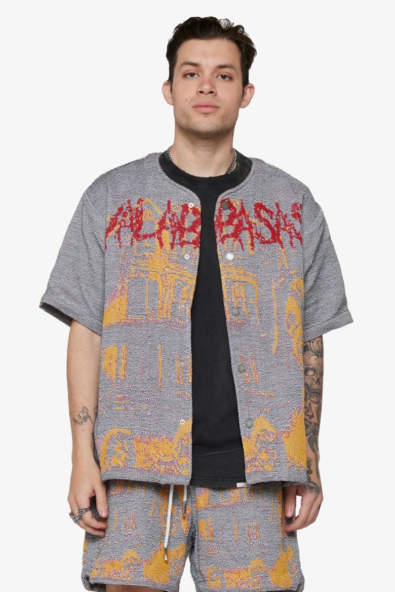 "GHOST HANDS" TAPESTRY BUTTON UP WHITE