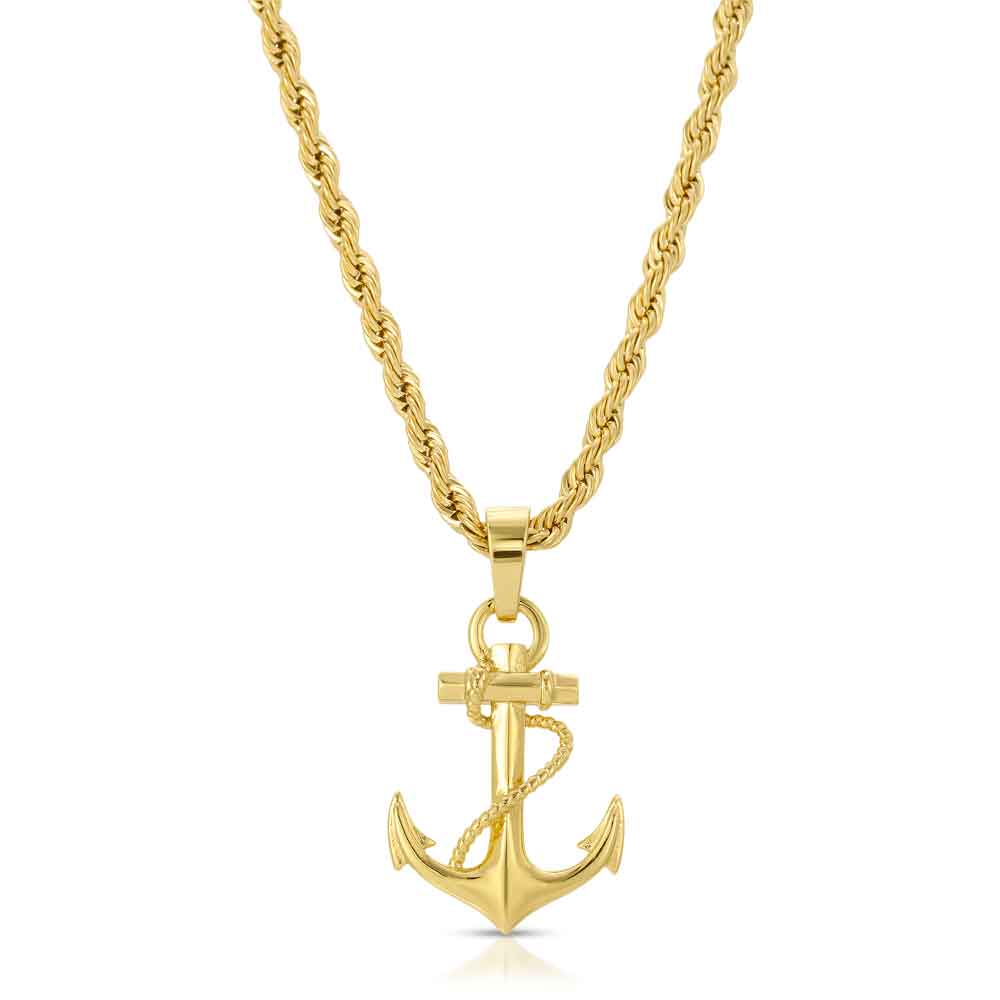 Gold Anchor Necklace Pendant & Rope Chain