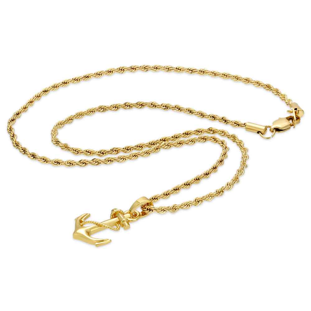 Gold Anchor Necklace Pendant & Rope Chain