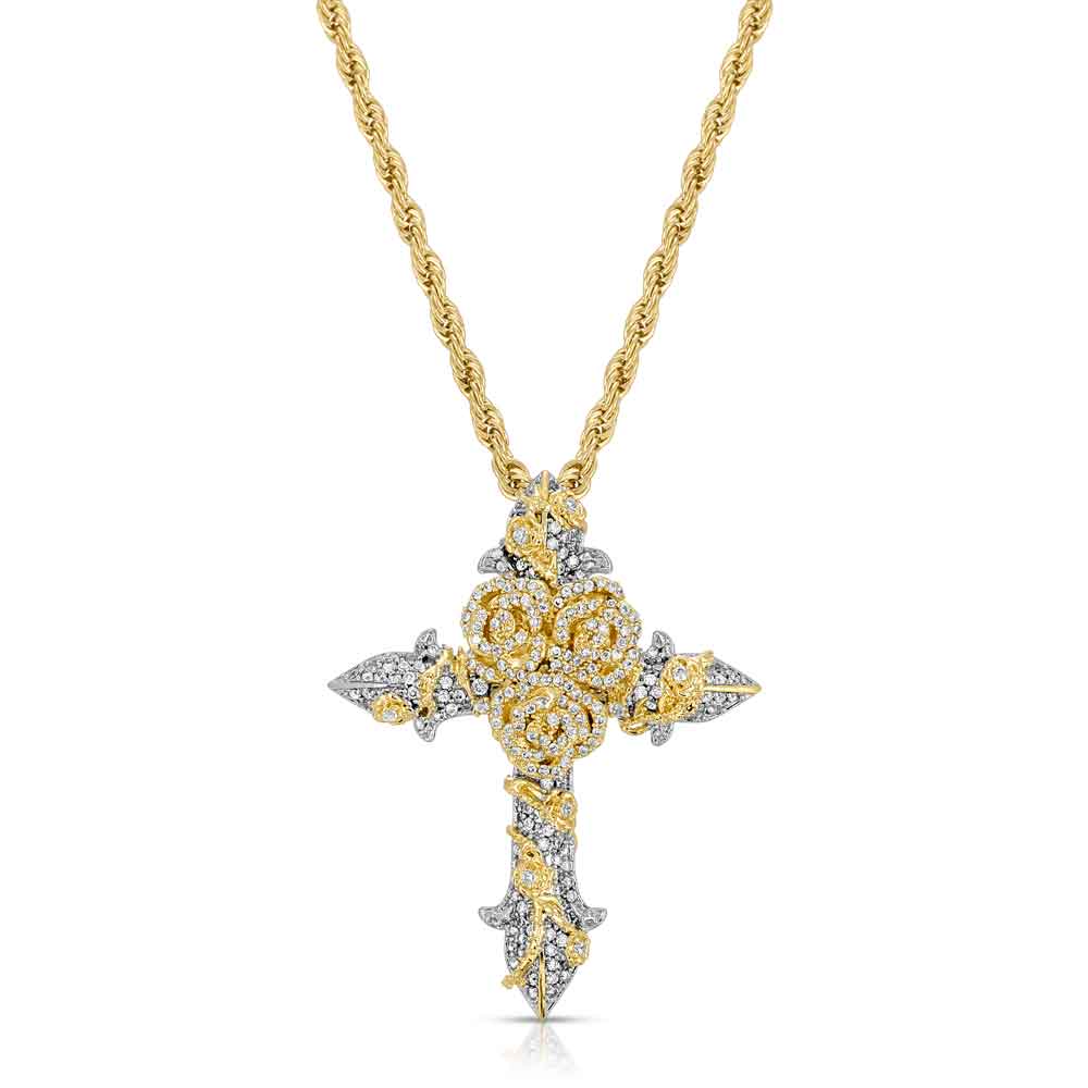 Diamond Rose Cross Necklace Pendant & Rope Chain