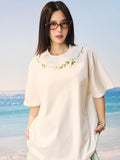 Floral Collar Pearl Embroidered Tee