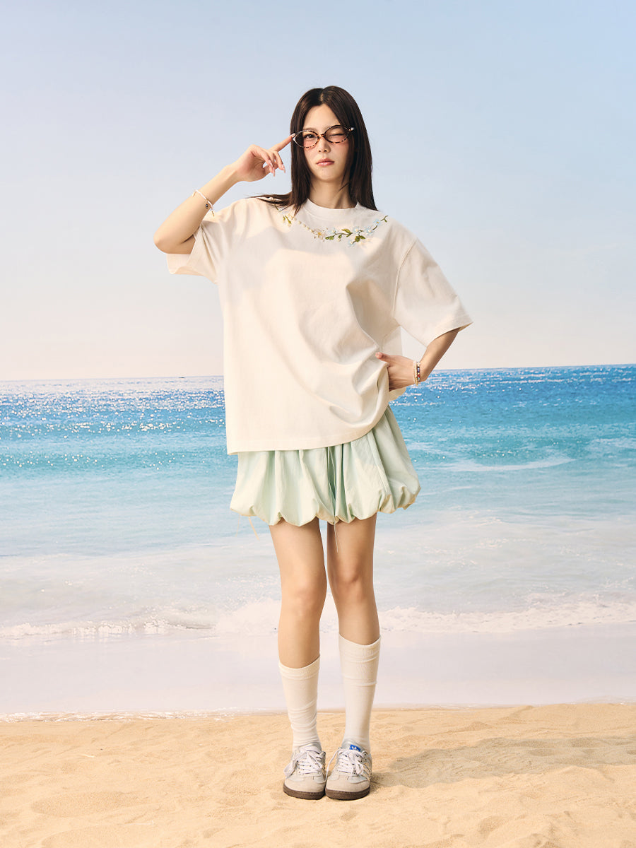 Floral Collar Pearl Embroidered Tee