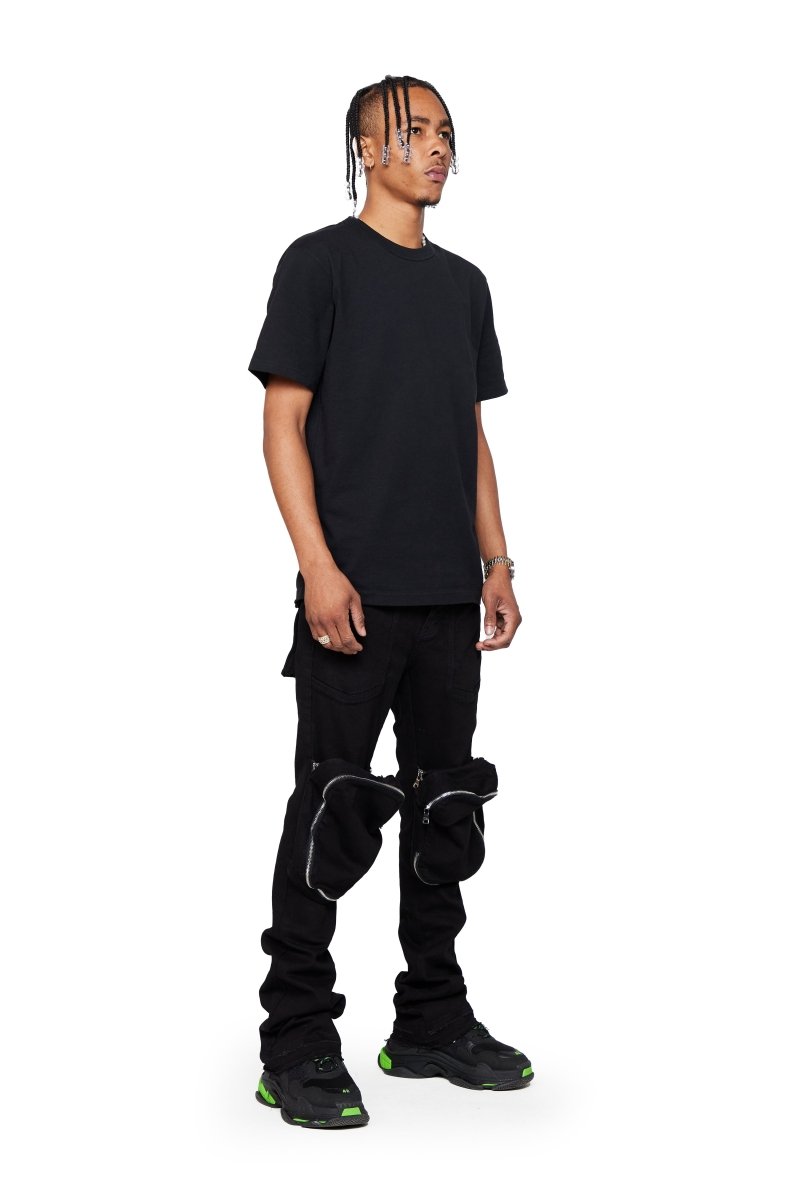 “LEOPOLD” STACKED FLARE JEAN BLACK WASHED