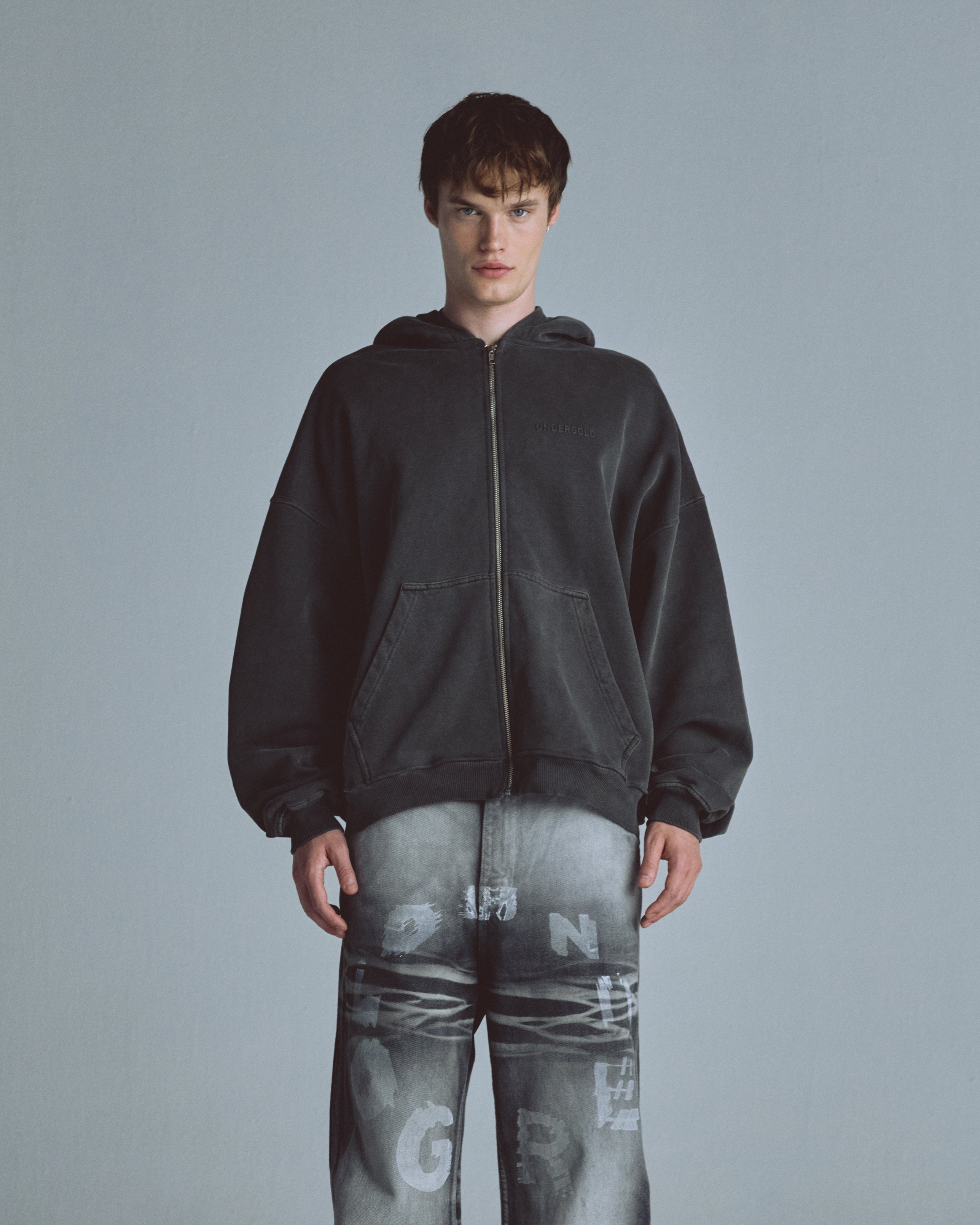 Line Logo Zip Up Hoodie Old Gray