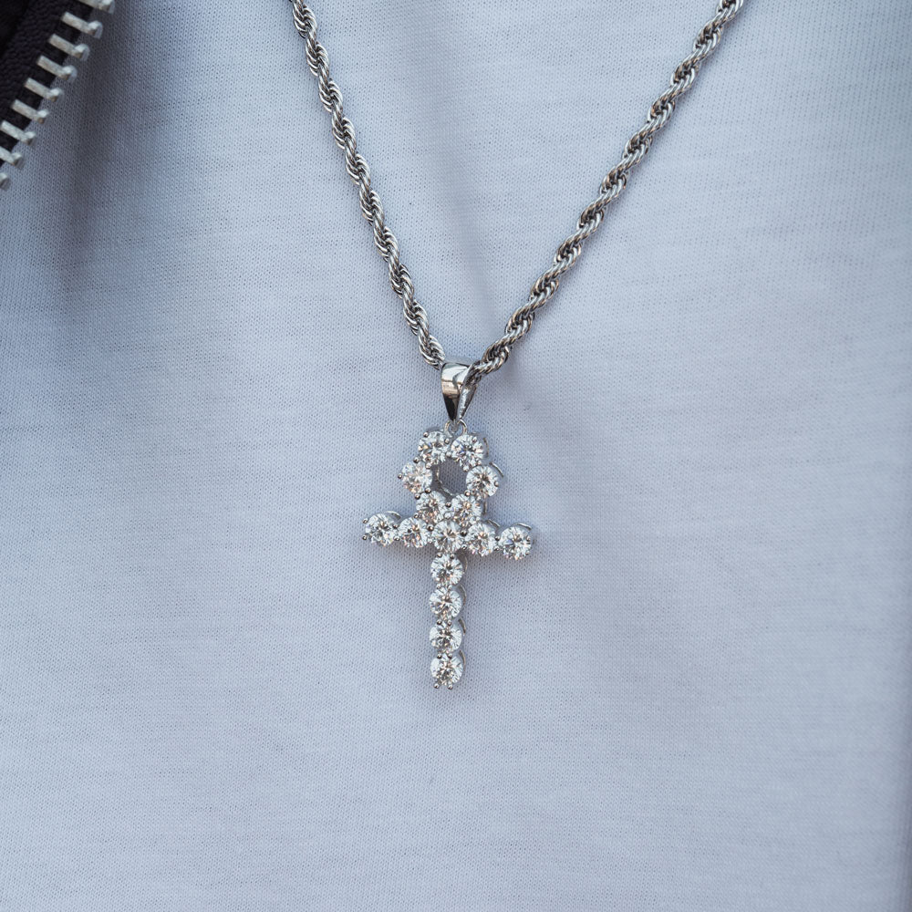 Micro Diamond Ankh Necklace Pendant White Gold & Rope Chain