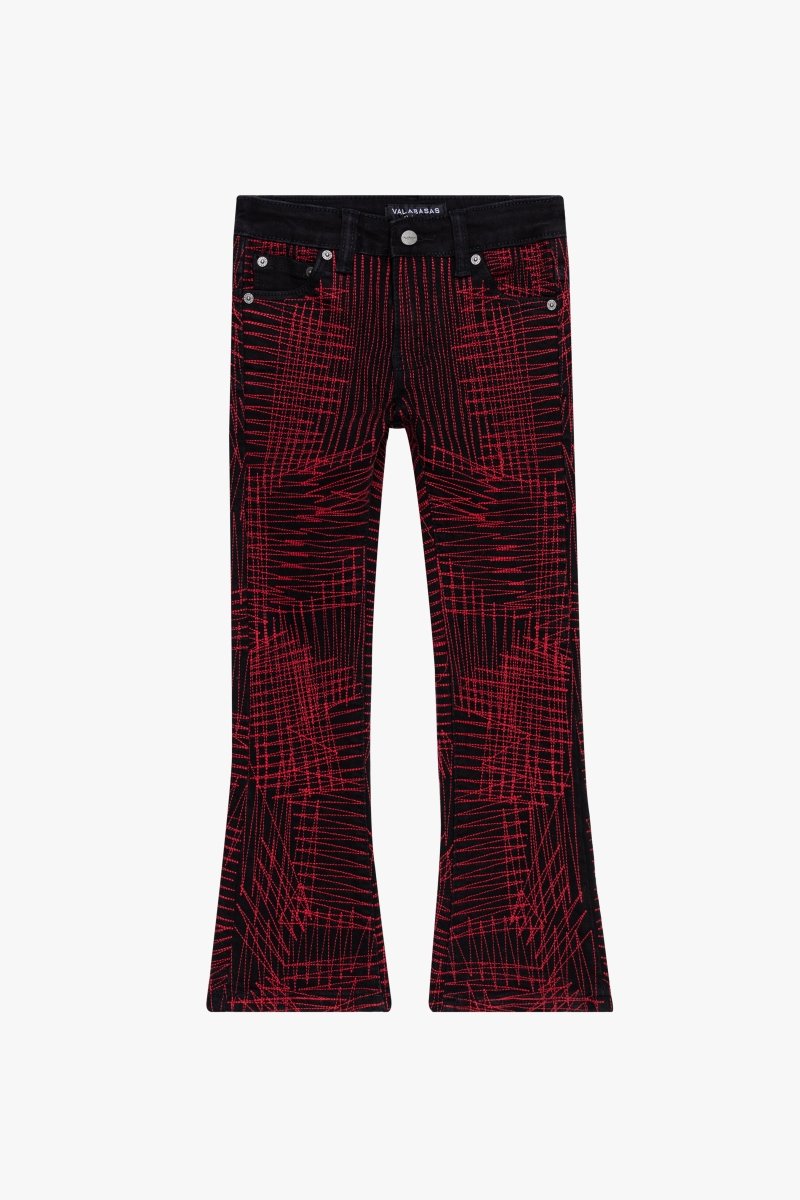 "MR. EMBROIDERY" STACKED FLARE JEAN CRIMSON NOIR