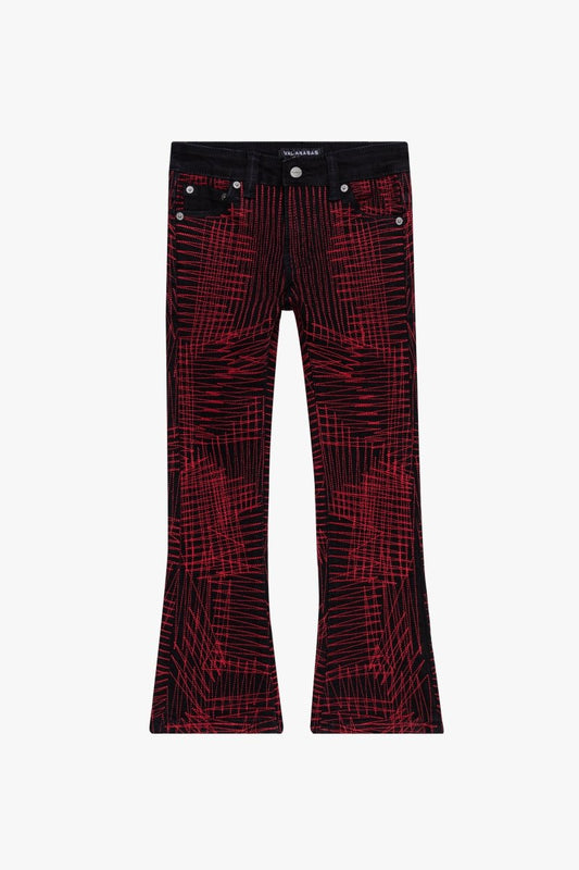 "MR. EMBROIDERY" STACKED FLARE JEAN CRIMSON NOIR