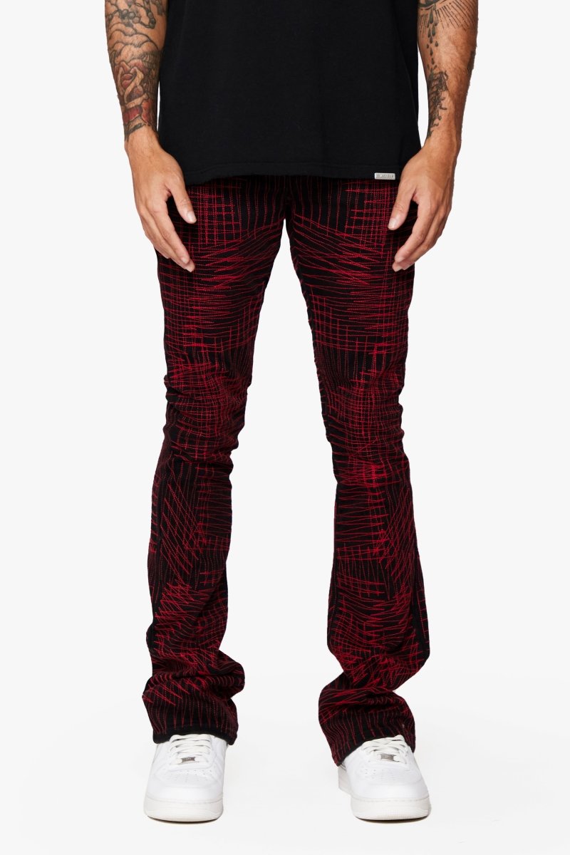 "MR. EMBROIDERY" STACKED FLARE JEAN CRIMSON NOIR
