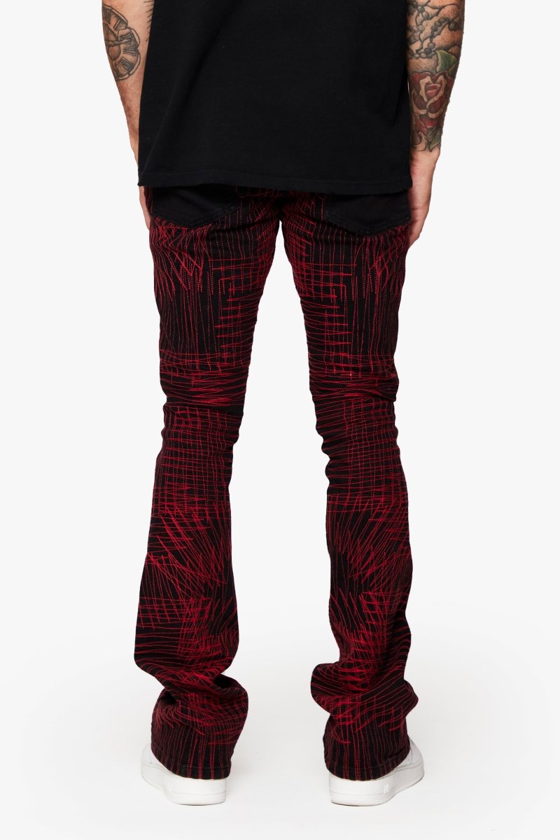 "MR. EMBROIDERY" STACKED FLARE JEAN CRIMSON NOIR