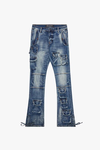 "NAVIGATOR"STACKED FLARE JEANS BLUE WASH