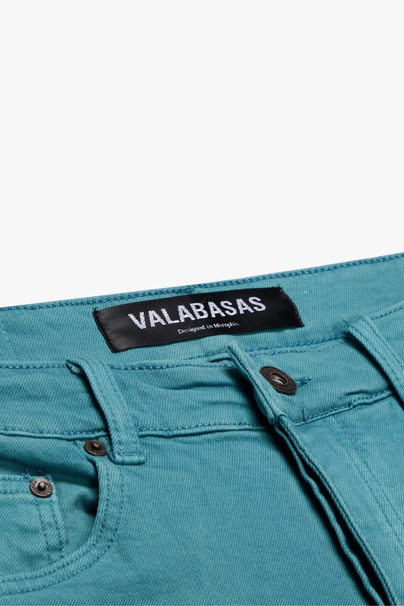 "PINNACLE” STACKED FLARE JEAN AQUA