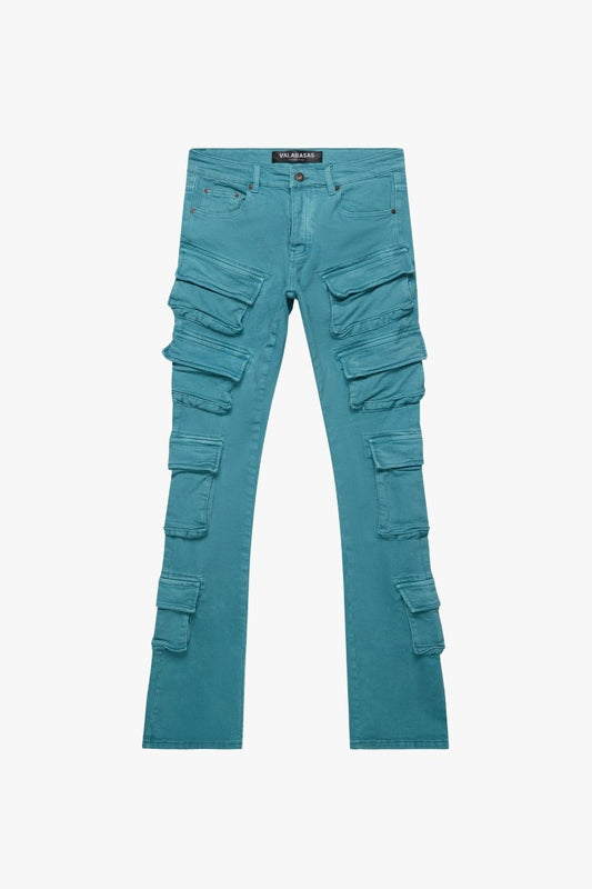 "PINNACLE” STACKED FLARE JEAN AQUA