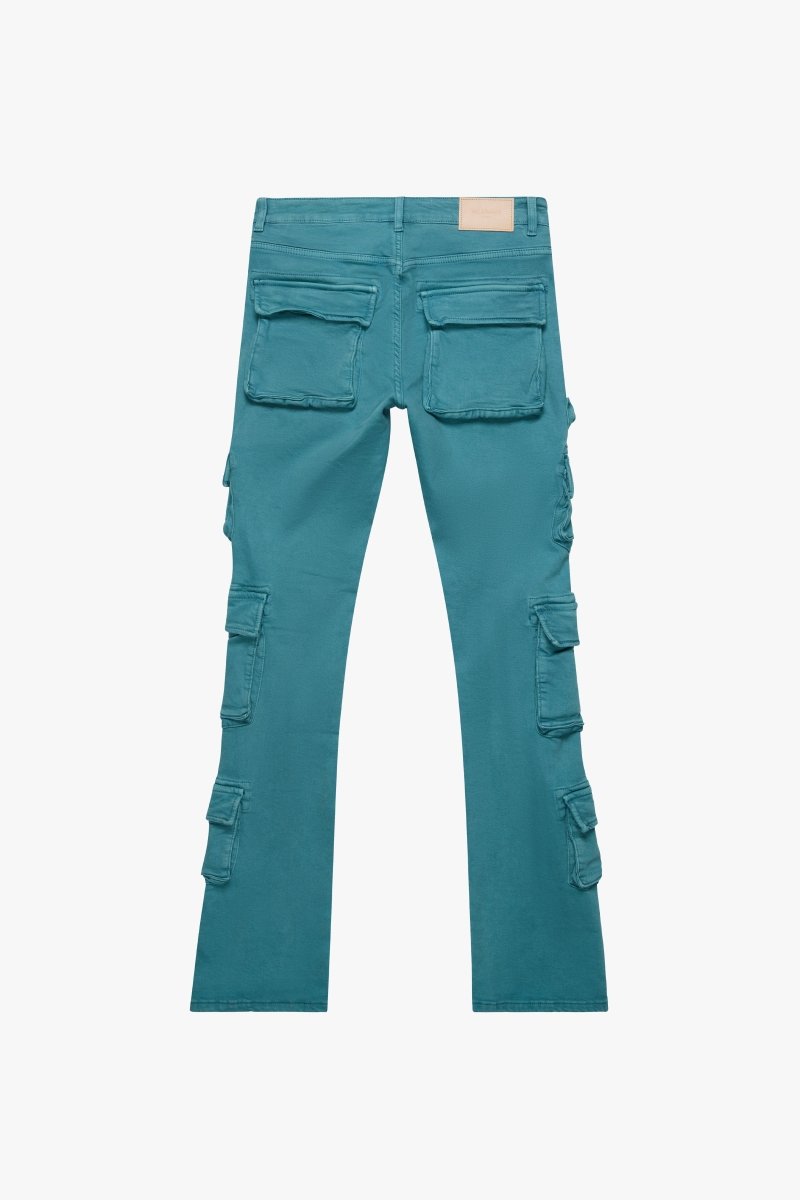 "PINNACLE” STACKED FLARE JEAN AQUA