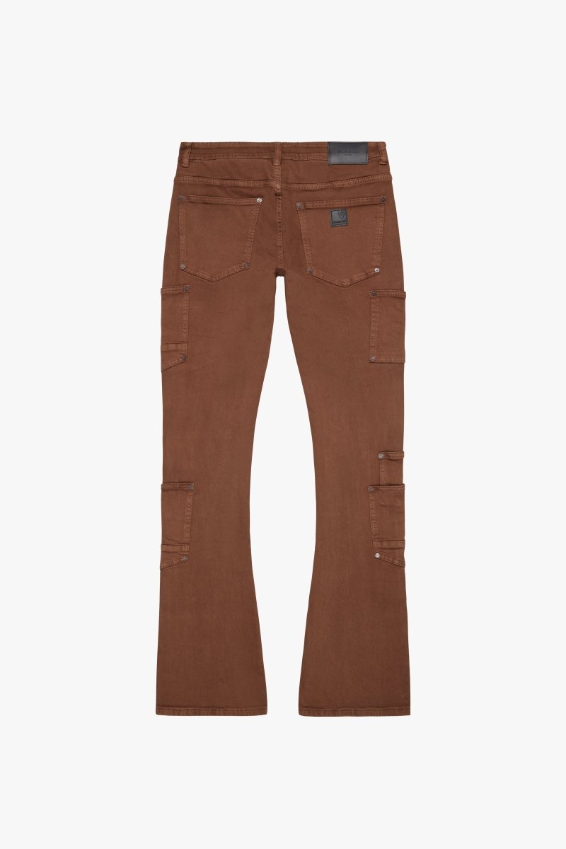 "POCROS" STACKED FLARE DENIM KHAKI BROWN