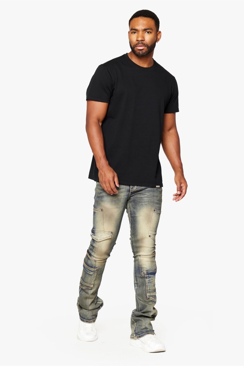 "POCROS" STACKED FLARE JEAN LT VINTAGE WASH