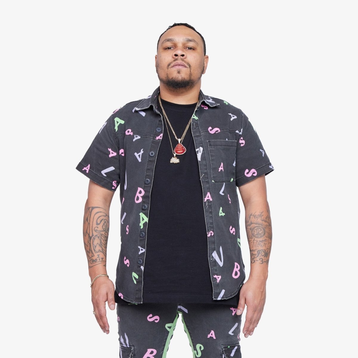 "PUZZLE" BUTTON DOWN BLACK V CAMO