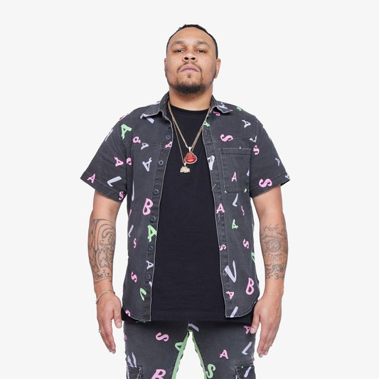 "PUZZLE" BUTTON DOWN BLACK V CAMO