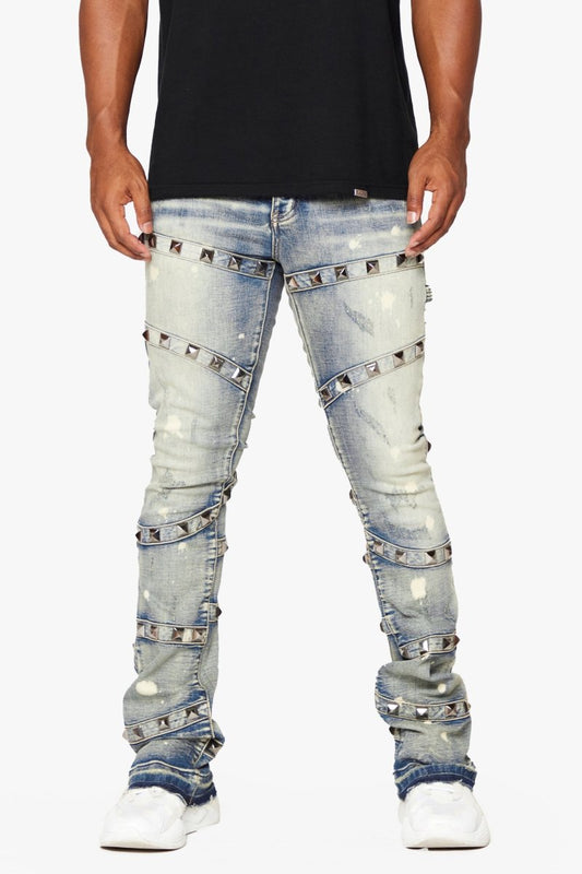 "PYRGOS" STACKED FLARE JEAN BLUE WASH