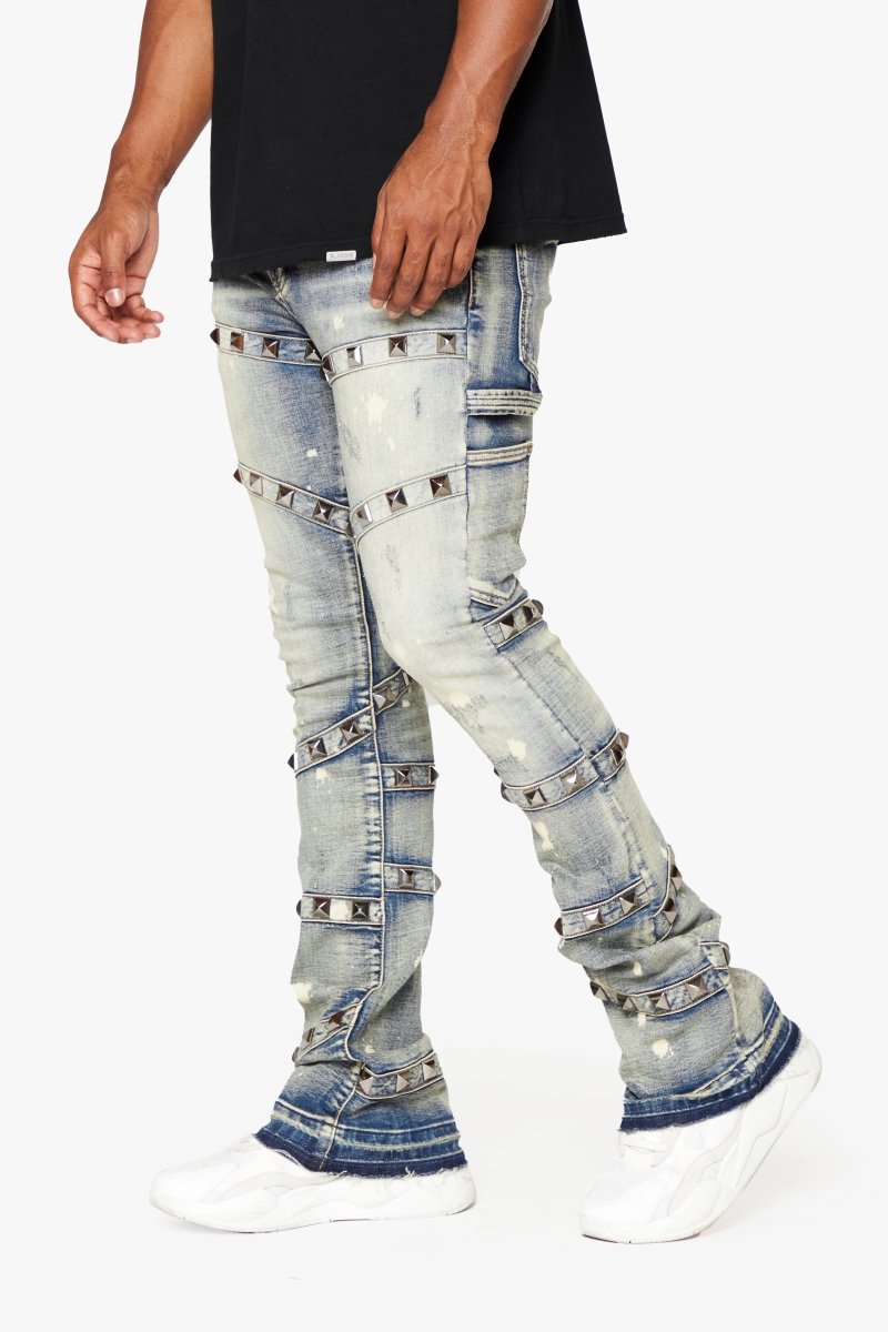 "PYRGOS" STACKED FLARE JEAN BLUE WASH