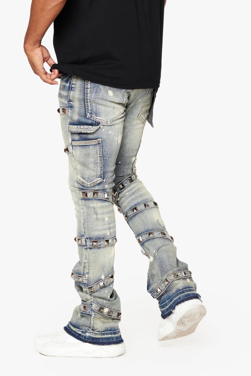 "PYRGOS" STACKED FLARE JEAN BLUE WASH