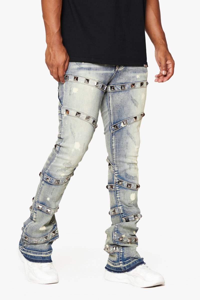 "PYRGOS" STACKED FLARE JEAN BLUE WASH