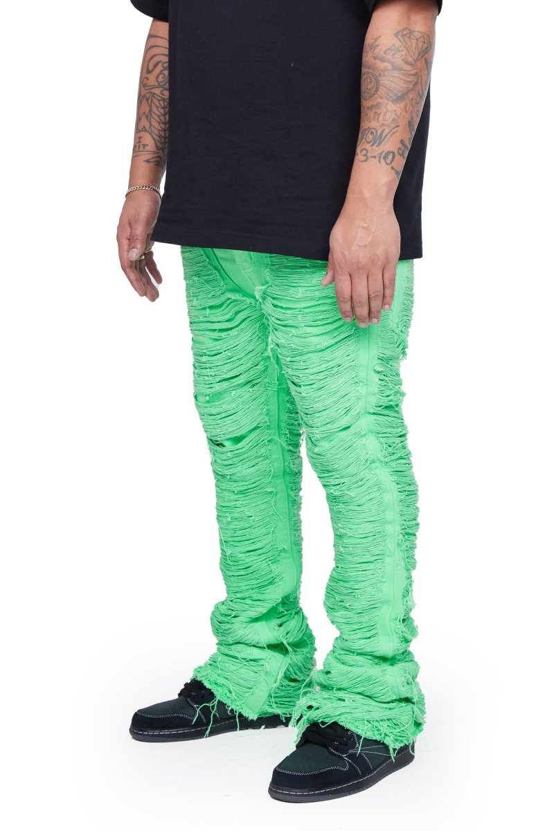 "RAVAGED" STACKED FLARE JEAN GREEN