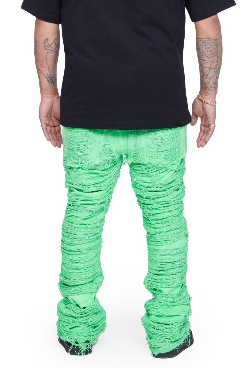"RAVAGED" STACKED FLARE JEAN GREEN