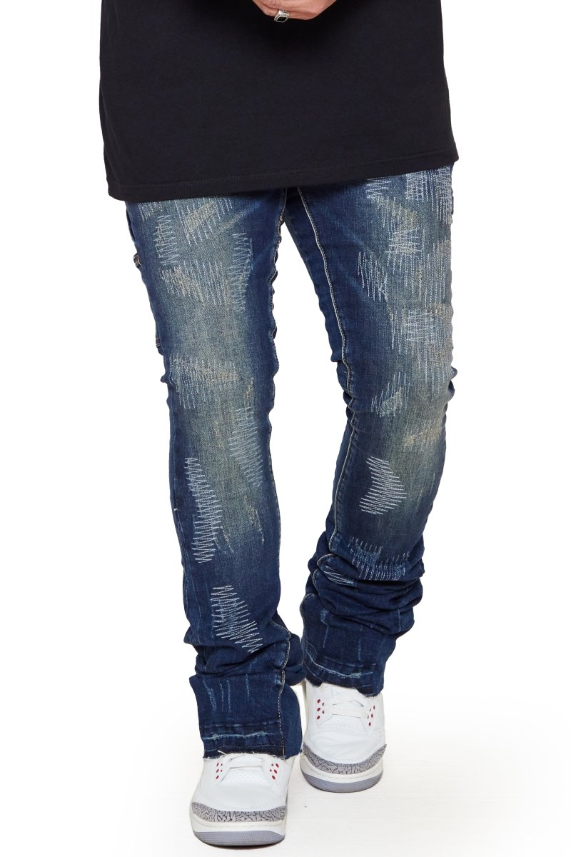 “RIDGES”  SUPER STACKED FLARE JEAN DK. BLUE WASHED