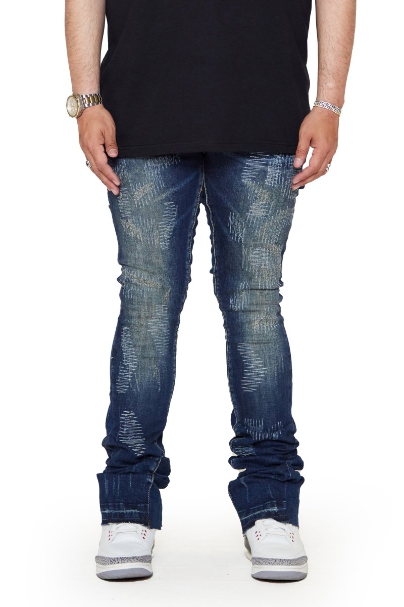 “RIDGES”  SUPER STACKED FLARE JEAN DK. BLUE WASHED