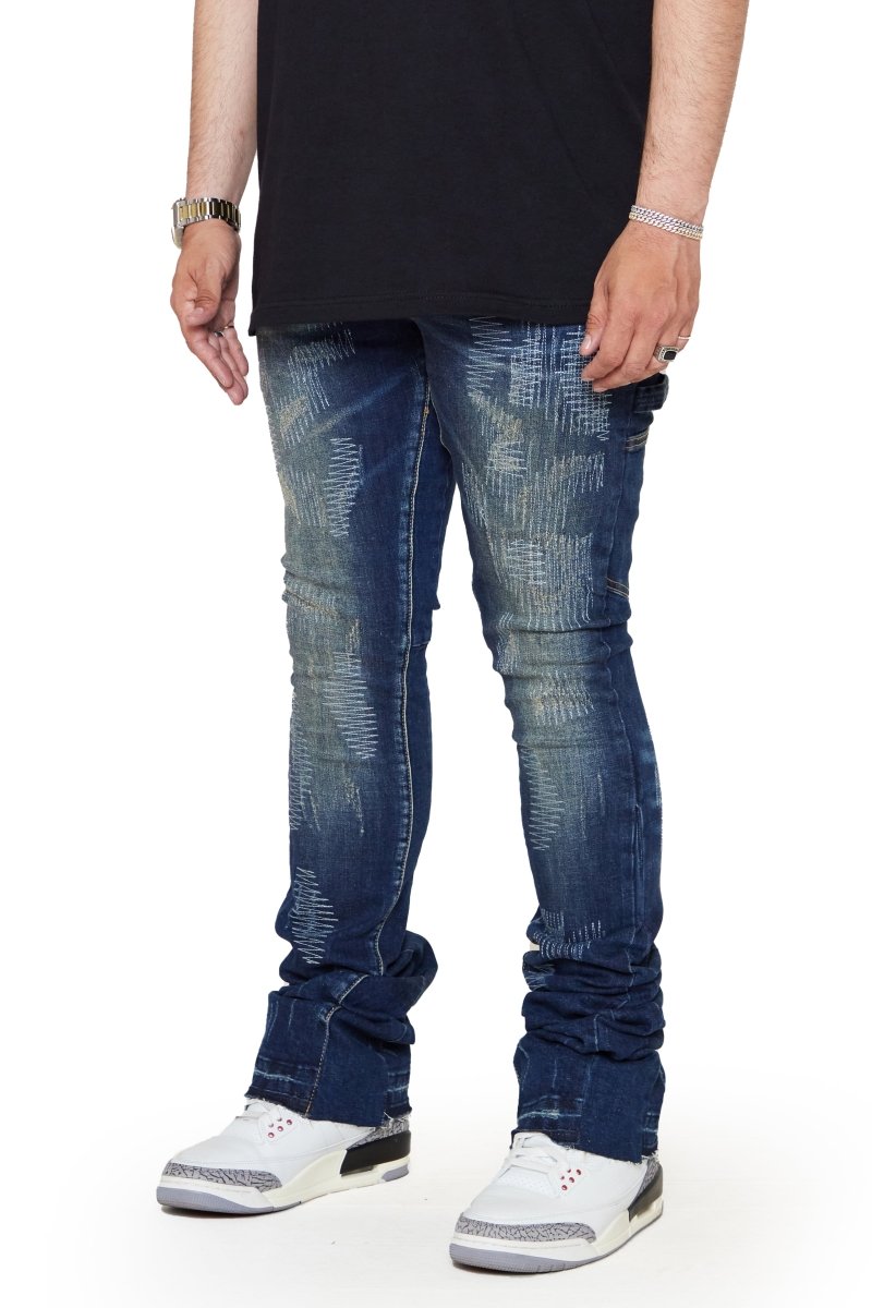 “RIDGES”  SUPER STACKED FLARE JEAN DK. BLUE WASHED