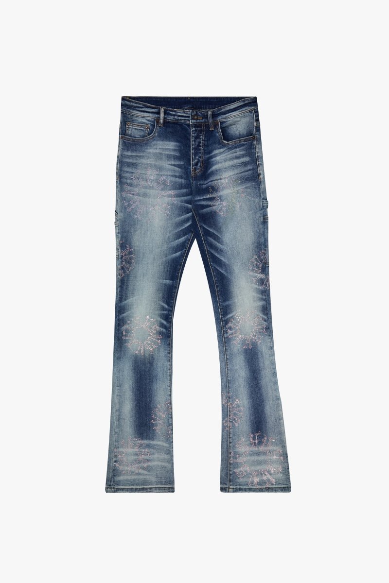 "RINGER” STACKED FLARE JEAN DARK BLUE WASH