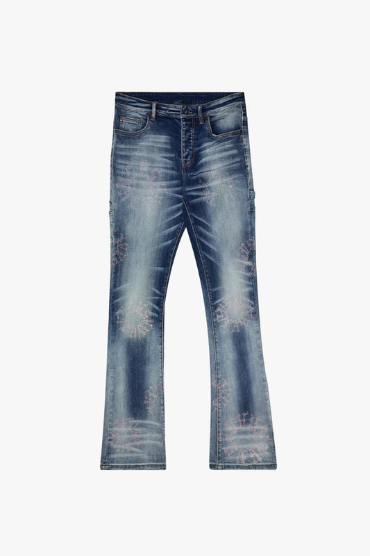"RINGER” STACKED FLARE JEAN DARK BLUE WASH
