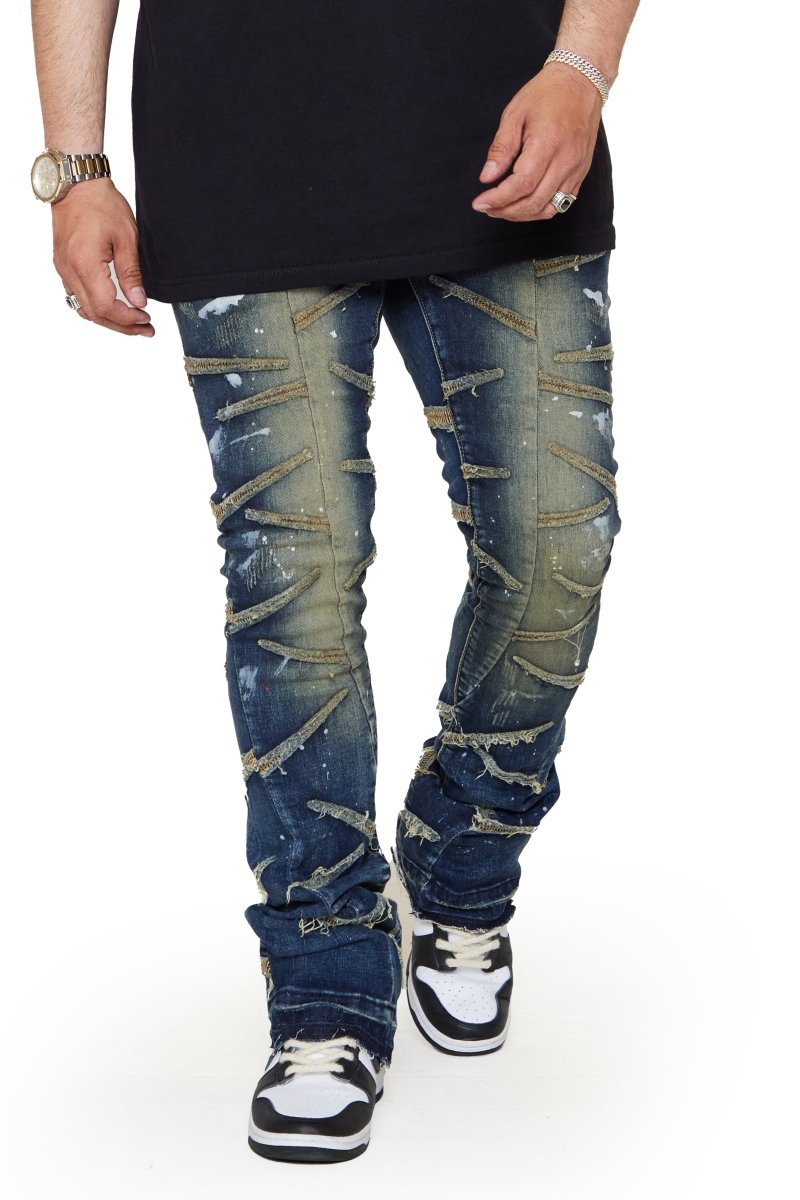 “SABER” STACKED FLARE JEAN DARK BLUE